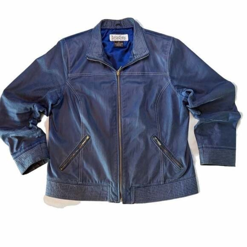 Bradley Blue Women's Leather Jacker Size Medium White Contrast Stitching